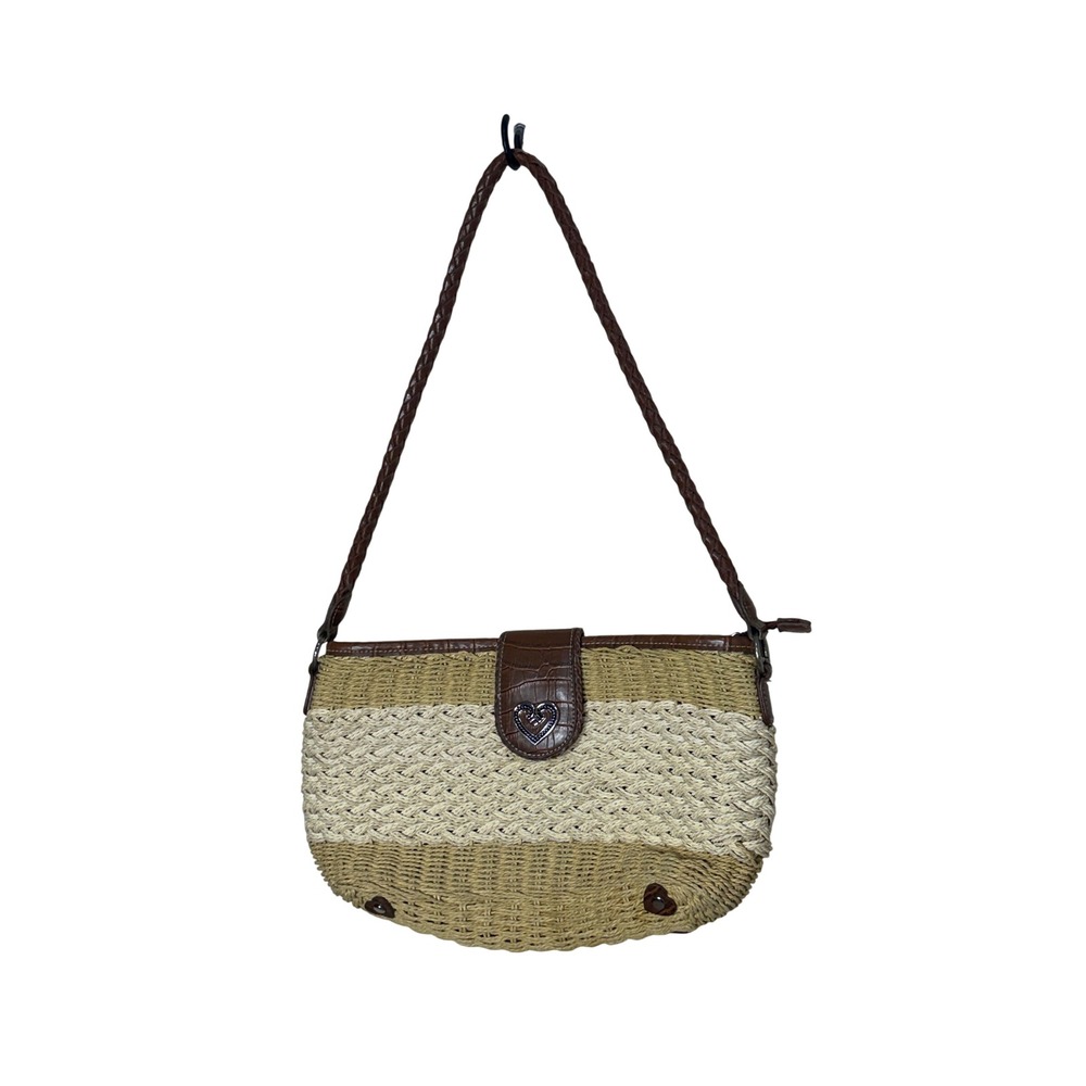 Vintage Coldwater Creek Woven Straw Shoulder Bag Brown Heart Medallion‎